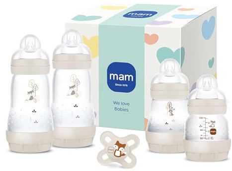 MAM Easy Start Anti-Colic Neugeborenen-Set | 0+ Mon | Babyflaschen Geschenk-Set | 94% Akzeptanz | 96% Hebammen-Empfehlung | 80% weniger Koliken | 4 Trinkflaschen & 1 Original Start Schnuller | beige