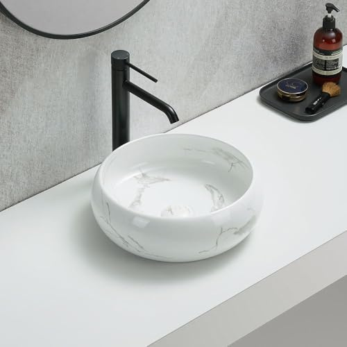 MILANO Marble Effect Round Countertop Bathroom Basin Sink 360mm | Ceramic Construction. Round Design. Contemporary Style. Countertop Installation. Not Fitted With Tap Holes.