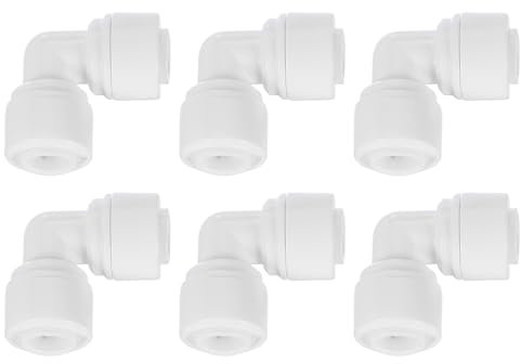 QUARKZMAN 6 Piezas Conectores de Empuje, 1/4 OD x 1/4 OD Conectores de Manguera de Aire Tubo y Manguera y Tubería Conexión Rápida Codo de Unión de 90 Grados de Plástico, Blanco (6-6mm)