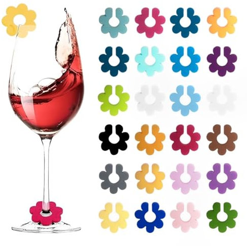 SGERUFZ 24 Pezzi Segnabicchieri Silicone, Segna Bicchieri Calici, Colorati Riutilizzabili per Varie Tazze, Forniture per Decorazioni, per Calici, Natalizi, Accessori Vino