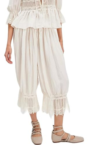 ThiCc Pantalon Long Bloomer pour Femme - Pantalons Victoriens à Bordure en Dentelle Y2K Taille Élastique Robe de Chambre à Volants en Citrouille Pantalon Confortable de Détente à Taille Moyenne Capri