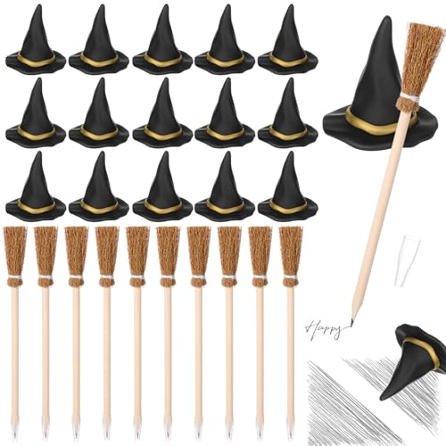 Fuyoooo 24 Pcs Witch Party Favors Set with 12 3D Small Witch Hat Eraser 12 Broom Broomstick Pencils for Wizard Party Favors Gifts Decoration Kids Classroom Reward Supplies (Broom Pen,Khaki)