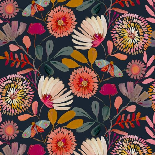 Vividpatch Wallpaper Peel and Stick Floral Wall Paper Removable Waterproof Navy/Pink/Orange Contact Paper for Bedroom, Bathroom,Bathroom, Home Wall 17.3 x 118