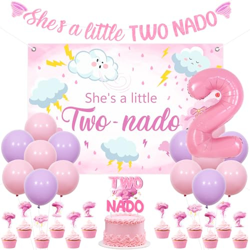 Sursurprise Two Nado Birthday Party Decorations for Girls, Tornado 2nd Birthday Party Decor with She’s A Little Two Nado Backdrop, Banner, Cake Topper, Number 2 Balloon for 2 Year Old Bday Supplies