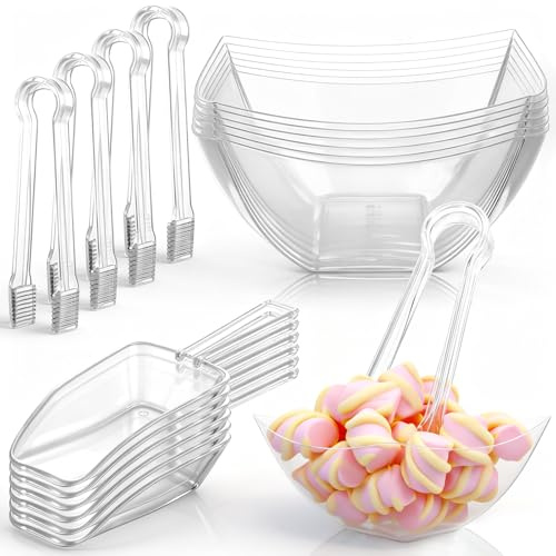 FoldTier 8oz 6 Clear Plastic Candy Bowls, 4 Scoops and 4 Tongs Set Square Disposable Plastic Buffet Containers for Chip, Snacks Popcorn Candy Bar Birthday Party Supplies