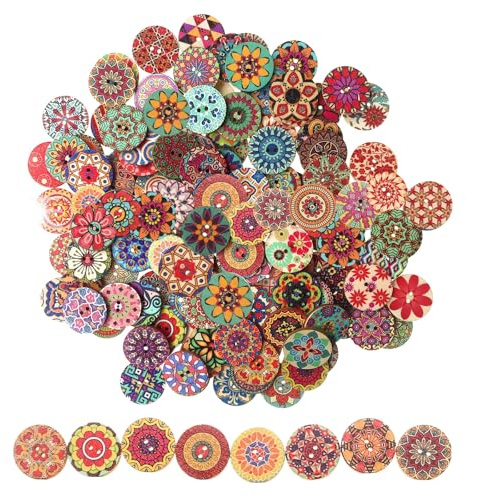 ZMaglorian Kit de Botones de Madera Coloridos 200 Piezas, 15mm+20mm Vintage con Patrones Florales, Botones de Costura para Confección de Cardigans y DIY Manualidades Decorativas