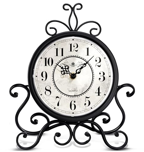 Koosome Vintage Table Clock on Stand - Desk Mantel Clock for Living Room Bedroom Decor, Silent Rustic Shelf Clock with Metal Frame Fireplace Clock Battery Operated for Office Desktop Home Decor