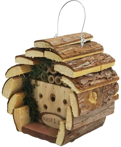 Gr8 Garden Wooden Bee Hotel Insect House Hanging Outdoor Garden Wildlife Habitat Nest Box for Bees Ladybirds Pollinators Natural Wood 18 x 18 x 14 cm