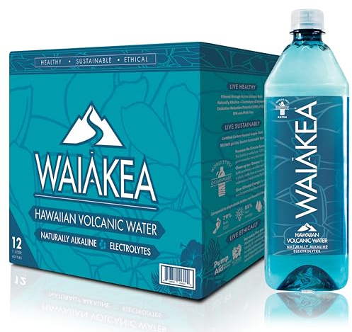 Waiakea Hawaiian Volcanic Water, Naturally Alkaline, 100% Recycled Bottle, 1L (Pack of 12), 33.8 Fl Oz (Pack of 12)