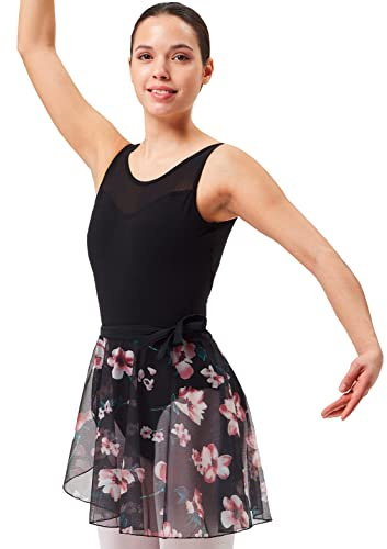 tanzmuster Ballett Wickelrock Damen - Karlotta - feiner, elastischer Netzstoff - Wickelband aus Lycra - schwarz geblümt 40 - schwarzer Ballettrock - Ballettkleidung für Erwachsene