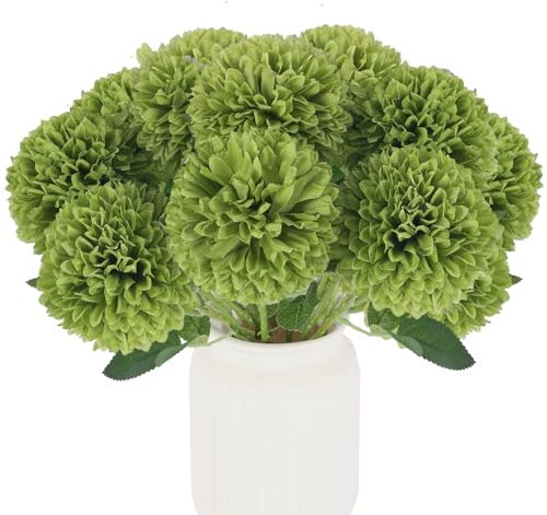 Hananona Künstliche Chrysanthemen, Kugelblumen, künstliche Mütter, grüne Seidenblumen für Heimdekoration, Inneneinrichtung, St. Patrick's Day, Tischdekoration (12, Grün)