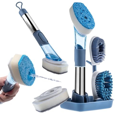 KADAX Multifunktionale Geschirrbürste mit 4 Bürstenköpfen, Abwaschbürste mit Spülmittelspender, Küchenbürste, Spülbürste für Geschirr, Seifenspenderbürste (Blau)