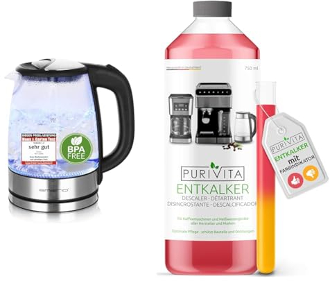 Emerio WK-119988 Glas Wasserkocher & Purivita - Universal Entkalker 750 ml für Kaffeevollautomaten - Für alle bekannten Marken geeignet, 1 Flasche