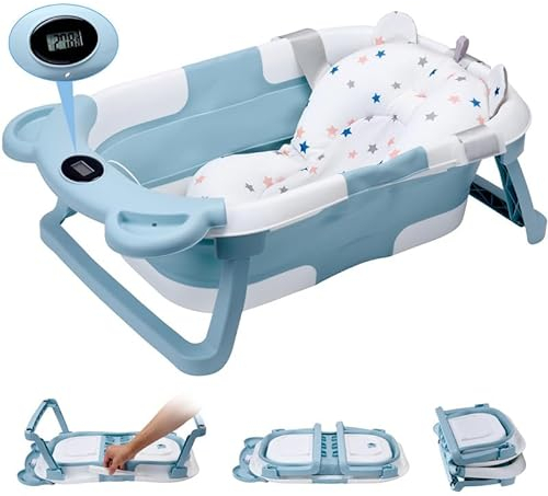 Itslife Vasca da Bagno per Bambini, Vasca da Bagno da Viaggio Portatile, Vasca Bagnetto Neonato Pieghevole con Cuscino di Supporto, Adatta per Neonati da 0 a 36 Mesi Azzurro