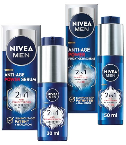 NIVEA MEN Anti-Age Power Set mit Anti-Aging Serum und Tagespflege mit LSF 30, Gesichtspflege mit Hyaluron für Anti-Aging-Effekt, Hautpflege mit LUMINOUS630® gegen Alters- und Pigmentflecken