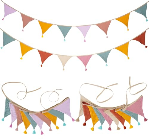 2 Stück 2.6m Wimpelkette Stoff mit Quasten, Wimpelkette Girlande Kinderzimmer Stoff Wimpel Girlande mit 10 STK Regenbogen Stoffgirlande für Geburtstag Babyzimmer Hausbett (Bonbonfarben)