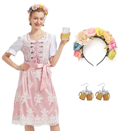 Ezuwail Dirndl 5 pièces pour femme en rose, robe courte midi, robe de fête de la bière, robe Dirndl bon marché, robe pour femme composée d'un chemisier, d'une robe, d'un tablier, de boucles d'oreilles