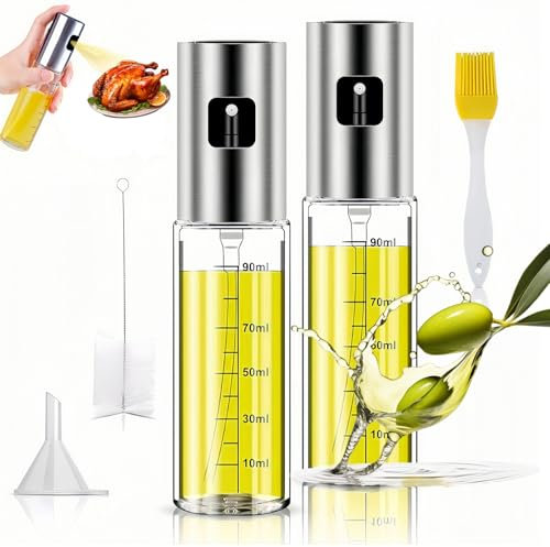 FHISKUNYU Spruzzino Olio per Friggitrice ad Aria 2 Pezzi, Oliera Spray per Cucina, Nebulizzatore Olio in Acciaio Inossidabile e Vetro, Ideale per Grigliate, Insalate, Forno e BBQ