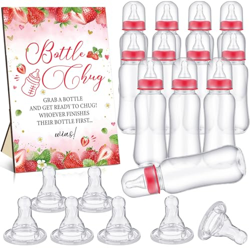 TrelaCo Cool Baby Shower Games Wooden Bottle Chug Sign Strawberry Theme Gift Sets and 12 Pcs Baby Bottle Shower Favor for Rustic Kraft Games Gender Reveal
