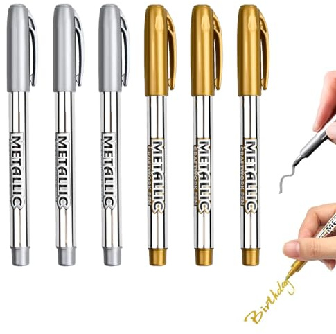 6 Pennarello Indelebile Oro Argento Punta Fine 1.5 mm, Pennarelli per Arte Scrapbooking Decorazioni Personalizzazione di Carta Metallo Ceramica Vetro e Legno Marcatori per Progetti Creativi Fai-da-te