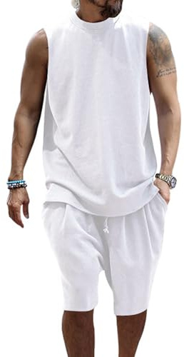 PRIVIMIX Herrlinne och shorts set sommardräkt 2-delat shorts och ärmlös T-shirt ledig outfit M-3XL, Vit, L