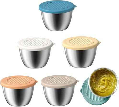 UFOVAOK 6er Set Edelstahl Dipschalen, Mini Dose Mit Deckel - 80ml Salatdressing BehäLter für Saucen, Dip, Snacks & Kräuter (Reisefreundlich)
