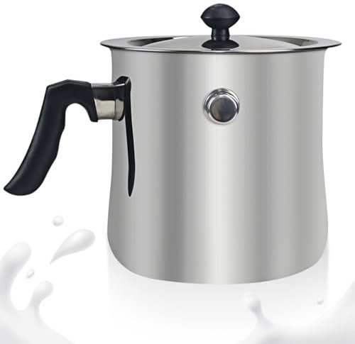 Pentola per latte a induzione, 1.5 litri, in acciaio inox, a doppia parete, con beccuccio e coperchio in vetro, con manico in plastica antiscivolo per piani cottura a gas, elettrici e a induzione