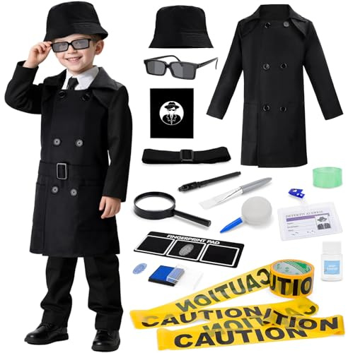 deAO Kit da Detective per Bambini, 15 Pezzi, Regalo di Compleanno con Cappotto da Detective, Cappello da Detective, Taccuino, Binocolo da Spia, Gioco di Ruolo, Regali per Cambini e Bambine