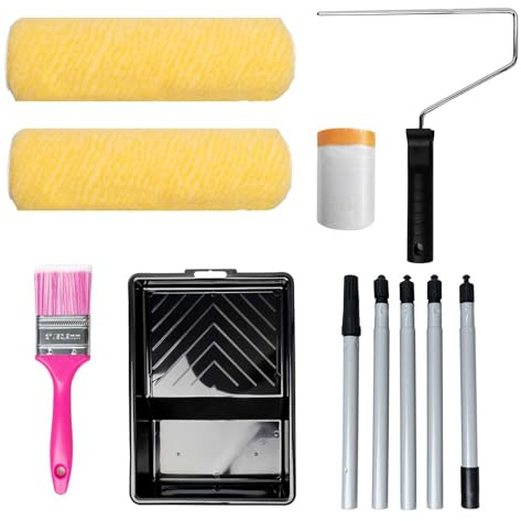 MOLLOR Farbroller Set mit Verlängerungsstange - 6-teiliges Set mit 22.9cm Farbroller, 5cm Pinsel, 130cm verstellbarer Verlängerungsstange, 30cm stabiler Farbtray, Paint Roller Kit