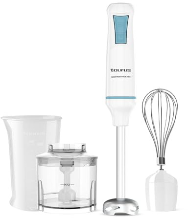Taurus – Batidora de Mano Robot 1000 Plus INOX, 2 velocidades + Turbo, Cuchillas INOX, Campana Antisalpicaduras, Ergonómica, Libre de BPA, Apta Lavavajillas, con Accesorios