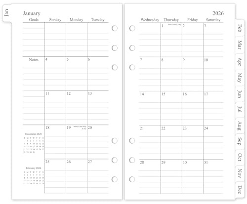 Recambio de planificador mensual 2026, insertos de planificador tamaño pequeño A6 para 6 anillos, 9.7 x 17.3 cm, enero de 2026 a diciembre de 2026, 12 calendarios mensuales con pestañas laminadas, 6