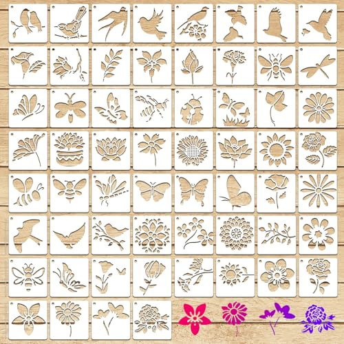 Thinp 60 Pcs Flower Stencils for Furniture, 3 Inch Self Adhesive Daisy Stencil Reusable Pattern Stencils Plastic Small Stencil Set for Painting on Wood Canvas Wall Tile Home Decor