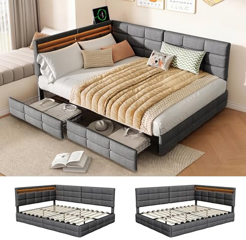 Polstrad säng, bäddsoffa, 140 x 200 cm, ungdomssäng 140 x 200 med LED och USB-laddningsstation, dagbädd/vilsäng med 2 lådor, barnsäng, soffsäng, gästsäng, sängram med ribbotten, linne, utan madrass