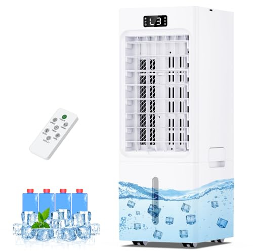 Condizionatore Portatile, 3 in 1 Raffrescatore Evaporativo, 6L Raffrescatore d'aria, 3 Velocità 4 Modalità, 4 Impacchi di Ghiaccio, Timer 1-12 ore, Telecomando, Silenzioso per Casa Ufficio