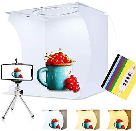 PULUZ 31cm Ring Light Photo Studio Light Box, Adjustable Portable Photography Shooting Light Tent Kit with White/Warm/Soft Lighting 80pcs LED Lights + 6 Backdrops for Product Display