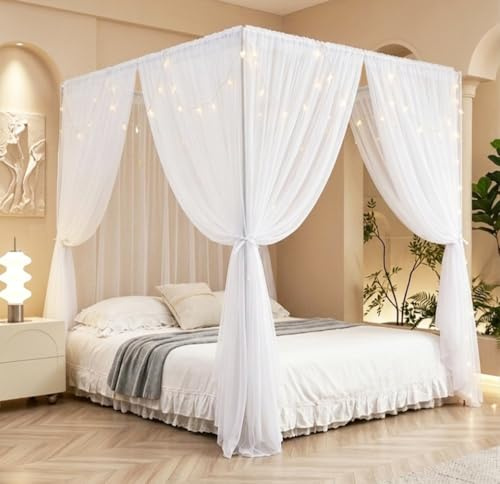 Akiky Set di tende da letto a baldacchino con stelle e tenda velata per letto king size, 8 pannelli per baldacchino (king size, bianco)