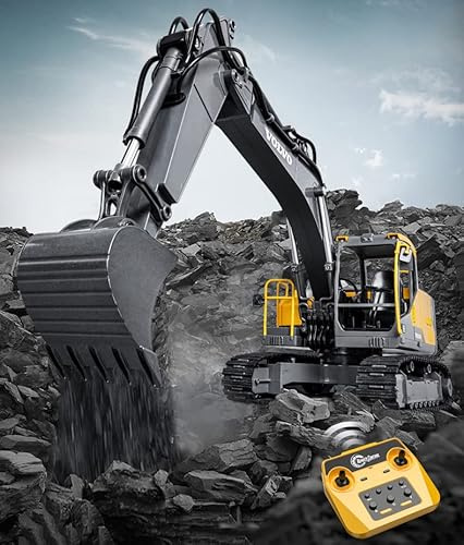 efaso Tondeuse à gazon Volvo RC 1:16 entièrement proportionnelle, version mise à niveau de qualité supérieure avec engrenage métallique et filetage interchangeable, pince marteau - excavatrice