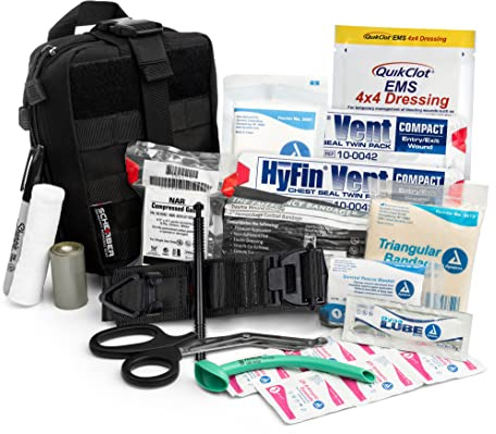 Scherber Premium IFAK Kit Trauma Pack | HSA/FSA Approved | SOF Tourniquet, QuikClot 4x4 HyFin Chest Seal, Israeli Bandage | Fully Stocked MOLLE Pouch for Gunshot, Bleeding, Major Wound Care (Black)