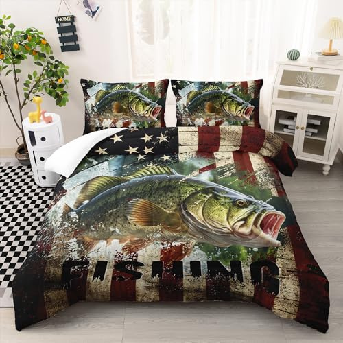 AILONEN Big Pike Fishing Comforter Set Full Size, Bass Fish American Flag Pattern Bedding Set for Boys Teen,Hunting and Fishing Duvet Set,3 Pieces,1 Quilt and 2 Pillowcases,Soft Microfibre