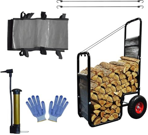 Sharellon Chariot à bûches pour bois de chauffage avec roue, support de rangement en bois, capacité de poids de 100 kg, chariot de bois de chauffage à roulettes pour cheminée, foyer