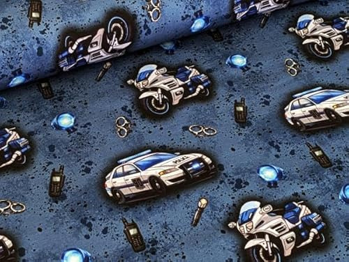 Eigenproduktion Baumwolljersey Rasante Polizei Motorrad auf Jeansblau Stoff Meterware Kleiderstoff