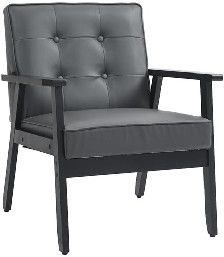 HOMCOM Armchair, PU Leather Accent Chair, Occasional Chair with Rubber Wood Frame for Living Room, Reception, Bedroom, Balcony, Grey