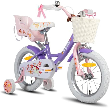 JOYSTAR - Bicicletta per bambini a tema unicorno, da 12 pollici, per bambine di 3/4/5 anni, con seggiolino per bambole, rotelle di sostegno, colore: viola chiaro