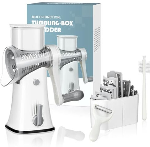 AdrreyuFny Mandolina per Verdure, Tagliaverdure Manuale Rotante Grattugia Taglia Verdura Affettatrice Frutta con 5 Lame Intercambiabili Set Utensili Cucina - Bianco