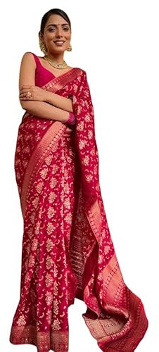 KULIA® Sari Bollywood pour femme avec chemisier non cousu tenue de soirée traditionnelle vêtements pour femmes tissage ethnique indien jacquard sari rose Banarasi Kanjivaram cadeaux de mariage