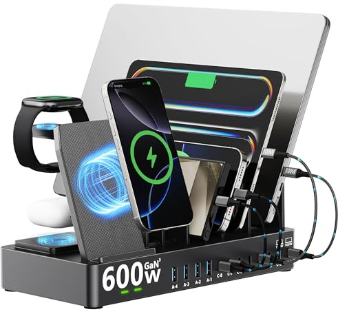 600w Charging Station for Multiple Devices, 15 in 1 Wireless Charging Station for Apple, Dual 100w USB C Tablet Charging Station for MacBook,iPhone,iPad,Tablet(Black)