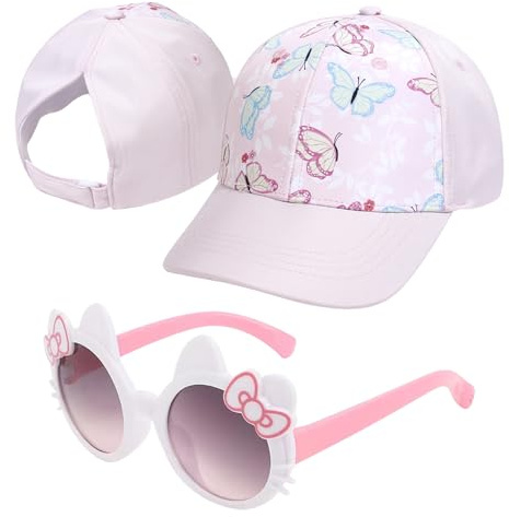 ZXTGBQ Gorra de Béisbol para Niñas y Gafas de Sol, Ajustable Gorras de Malla y Gafas de Sol Protección UV Ajustable Sombrero con Visera, Regalo Niña 3-10 Años