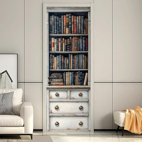 Adesivi per Porte Libreria in Legno Adesivo Porta Interna Biblioteca Vintage 3D Pellicola Adesiva Carta da Parati Soggiorno Bagno Autoadesivo Porta Murale Decorazione 77x200 cm M6885