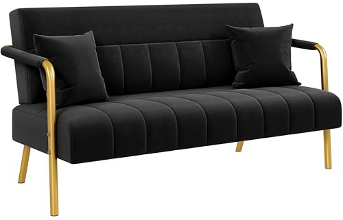 Yaheetech 2 Seater Modern Sofa Velvet Fabric Loveseat with Gold-tone Metal Arms and Legs for Bedroom, Home Office, Studio, Living Room Furniture Black