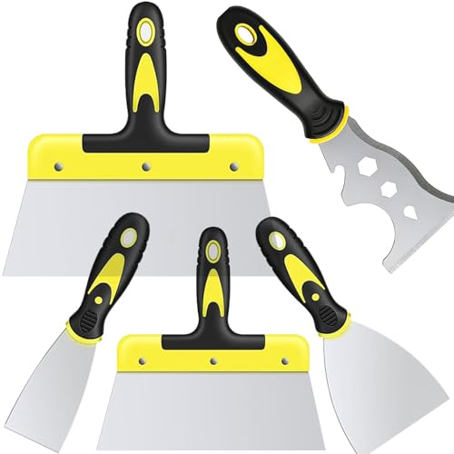 Juego de 5 espátulas, espátulas de pintor de acero inoxidable con mango de plástico, el juego incluye 4 raspadores de pintura y 1 herramienta multiraspador, para papel pintado y paredes (63,75,160,200